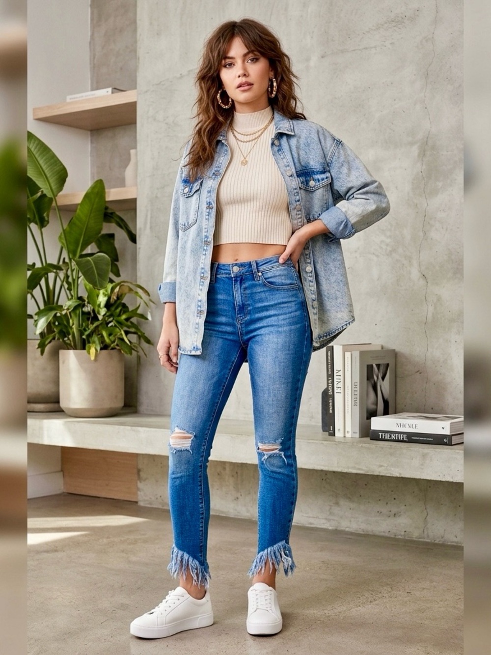 KanCan Fringe Hem Skinny Jeans Distressed Ankle Crop Blue Denim Boho Grunge 1/24